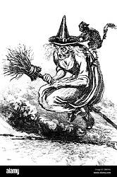 engraving-of-ugly-old-witch-riding-broom-with-a-black-cat-on-her-back-DBXF0G