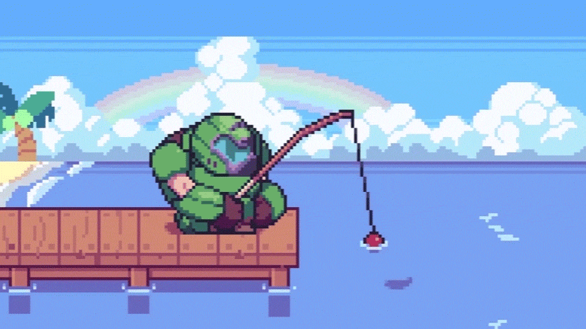 Doom Guy fishing in ACNH pixel art GIF